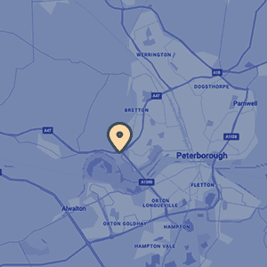 Map of Peterborough, with a map pointer showing the location of the Moons Solicitors office